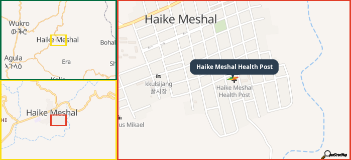 Map showing the address of Haike Meshal Health Post in three different zoom levels.