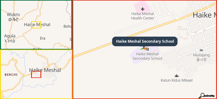 Map showing the address of Haike Meshal Secondary School in three different zoom levels.