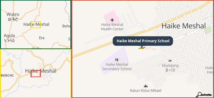 Map showing the address of Haike Meshal Primary School in three different zoom levels.
