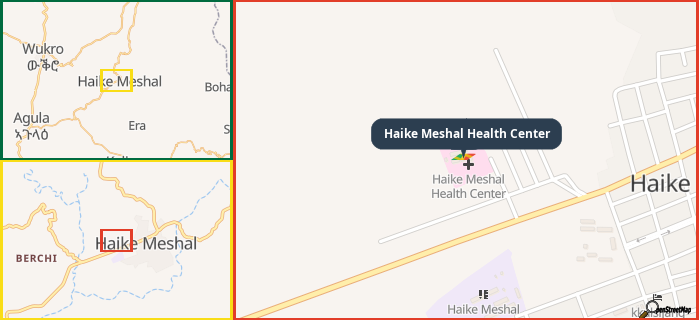 Map showing the address of Haike Meshal Health Center in three different zoom levels.