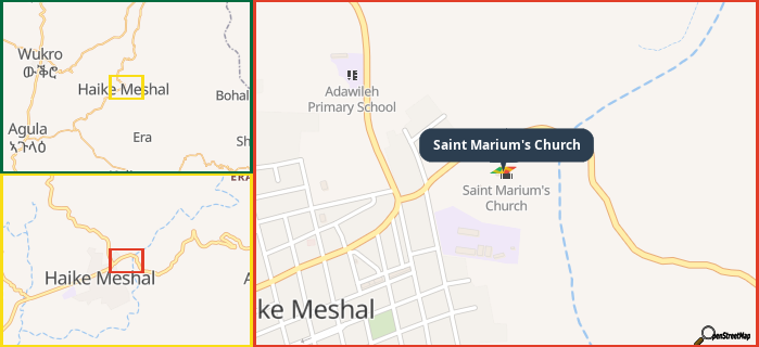 Map showing the address of Saint Marium's Church in three different zoom levels.