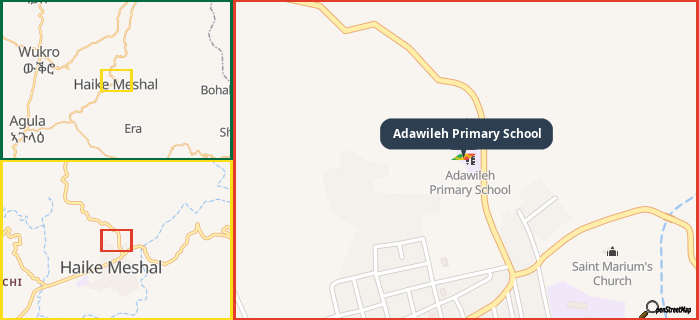 Map showing the address of Adawileh Primary School in three different zoom levels.