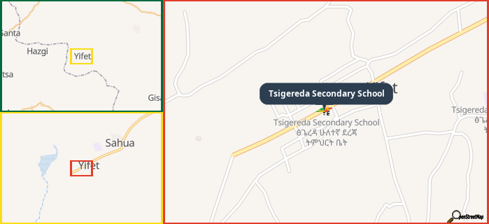 Map showing the address of Tsigereda Secondary School in three different zoom levels.