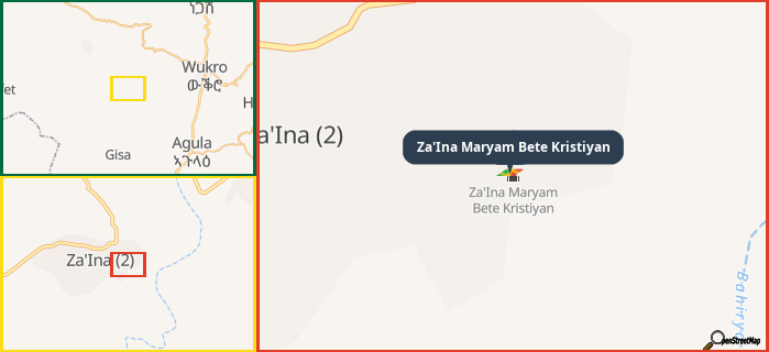 Map showing the address of Za'Ina Maryam Bete Kristiyan in three different zoom levels.
