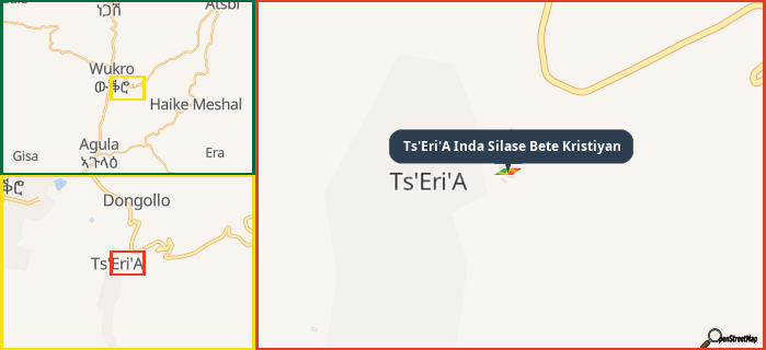 Map showing the address of Ts'Eri'A Inda Silase Bete Kristiyan in three different zoom levels.