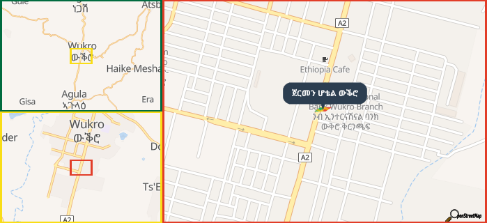 Map showing the address of ጀርመን ሆቴል ውቕሮ in three different zoom levels.