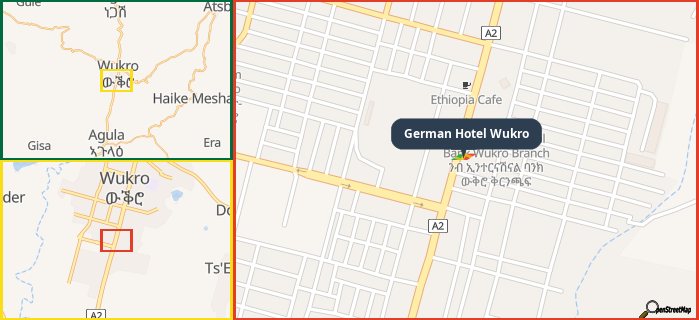 Map showing the address of German Hotel Wukro in three different zoom levels.