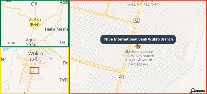 Map showing the address of Nibe International Bank Wukro Branch in three different zoom levels.