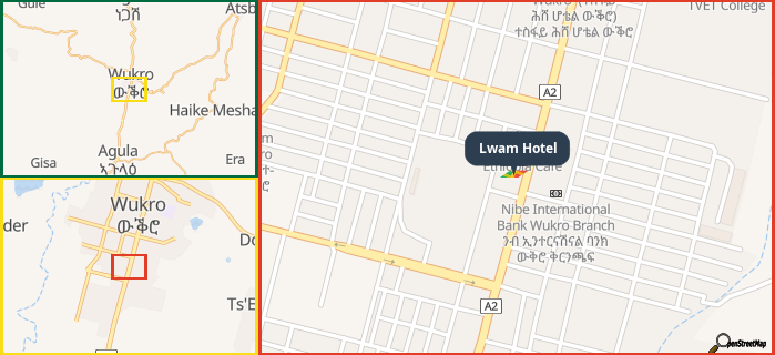 Map showing the address of Lwam Hotel in three different zoom levels.