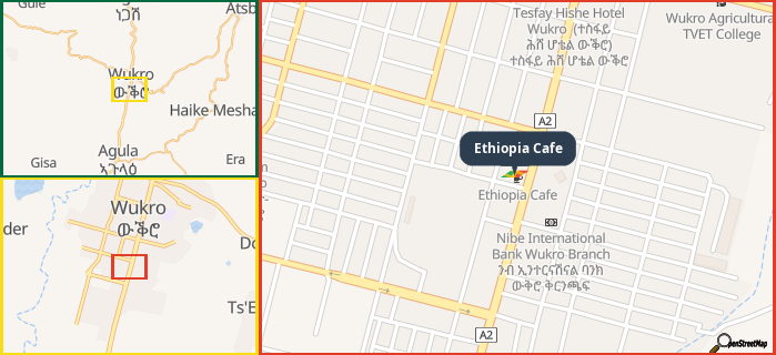 Map showing the address of Ethiopia Cafe in three different zoom levels.