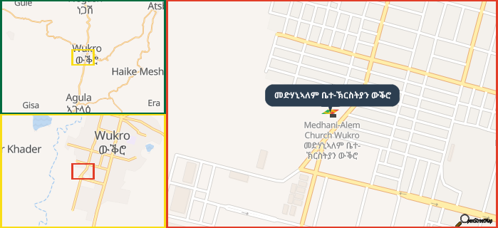 Map showing the address of መድሃኒኣለም ቤተ-ኽርስትያን ውቕሮ in three different zoom levels.