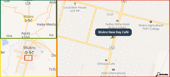 Map showing the address of Wukro New Day Café in three different zoom levels.