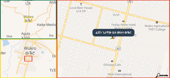 Map showing the address of ፌቨን ጌታቸው ቤት መስተ ውቕሮ in three different zoom levels.