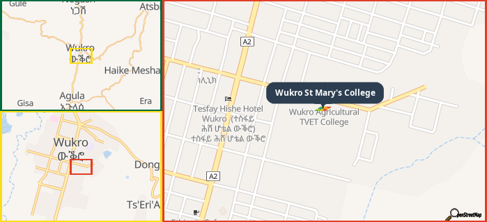 Map showing the address of Wukro St Mary's College in three different zoom levels.