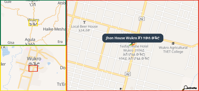 Map showing the address of Jhon House Wukro ጆን ሃውስ ውቕሮ in three different zoom levels.