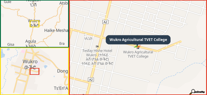 Map showing the address of Wukro Agricultural TVET College in three different zoom levels.