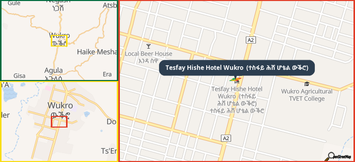 Map showing the address of Tesfay Hishe Hotel Wukro  (ተስፋይ ሕሸ ሆቴል ውቕሮ) in three different zoom levels.