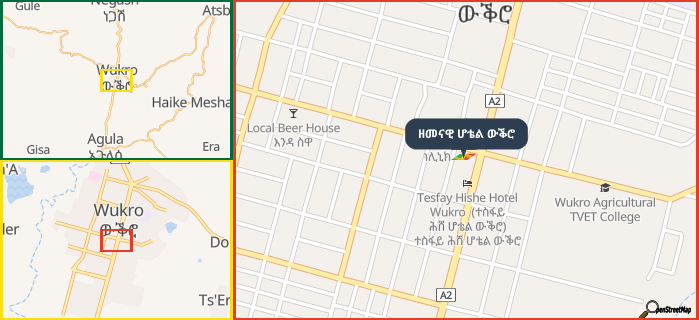 Map showing the address of ዘመናዊ ሆቴል ውቕሮ in three different zoom levels.