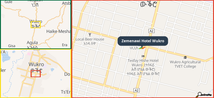 Map showing the address of Zemenawi Hotel Wukro in three different zoom levels.