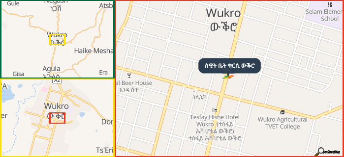 Map showing the address of ስዊት ቤት ቁርሲ ውቕሮ in three different zoom levels.