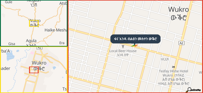 Map showing the address of ፋና እንዳ ብልዕን መስተን ውቕሮ in three different zoom levels.