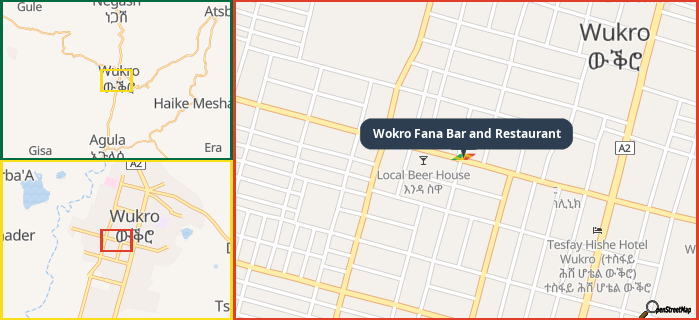Map showing the address of Wokro Fana Bar and Restaurant in three different zoom levels.