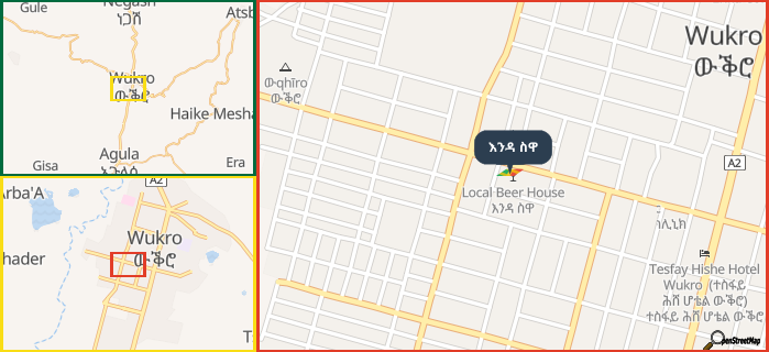 Map showing the address of እንዳ ስዋ in three different zoom levels.