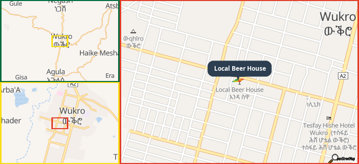 Map showing the address of Local Beer House in three different zoom levels.