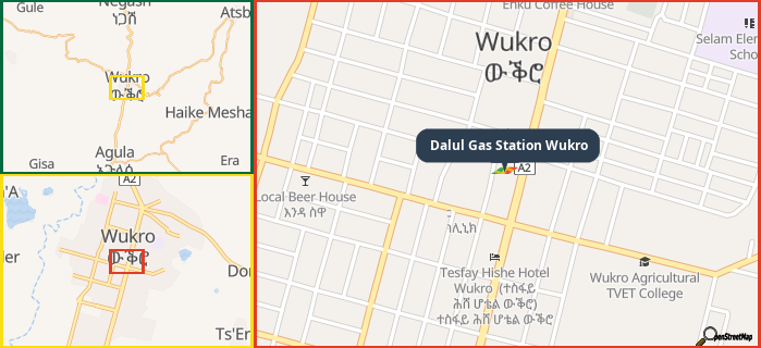 Map showing the address of Dalul Gas Station Wukro in three different zoom levels.