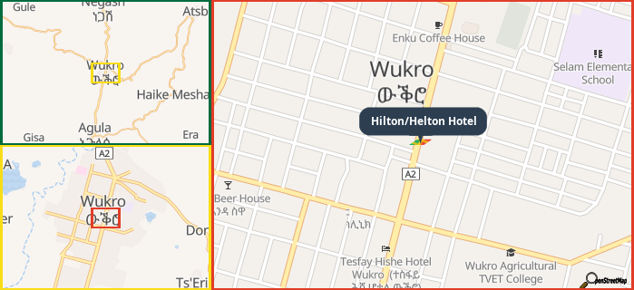 Map showing the address of Hilton/Helton Hotel in three different zoom levels.