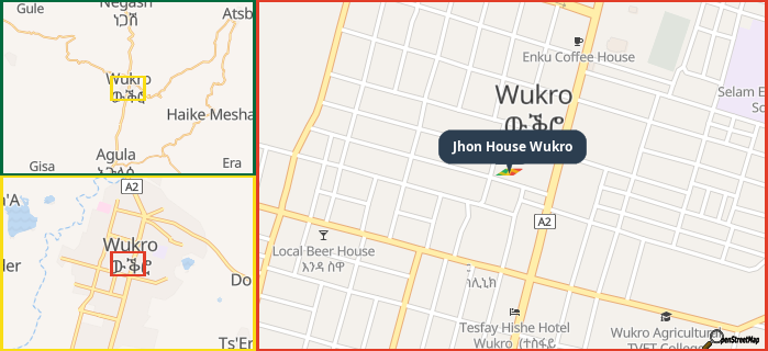 Map showing the address of Jhon House Wukro in three different zoom levels.