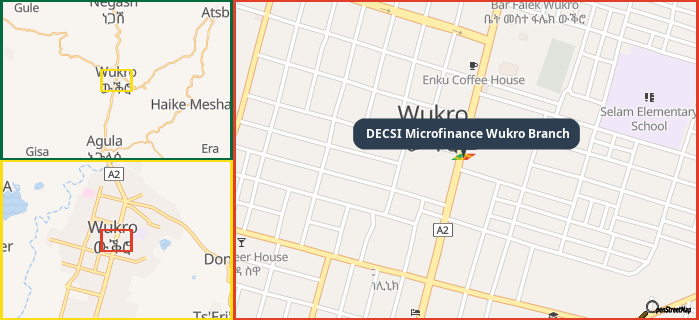 Map showing the address of DECSI Microfinance Wukro Branch in three different zoom levels.