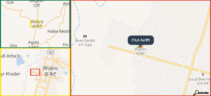 Map showing the address of ፖሊስ ሰራዊት in three different zoom levels.