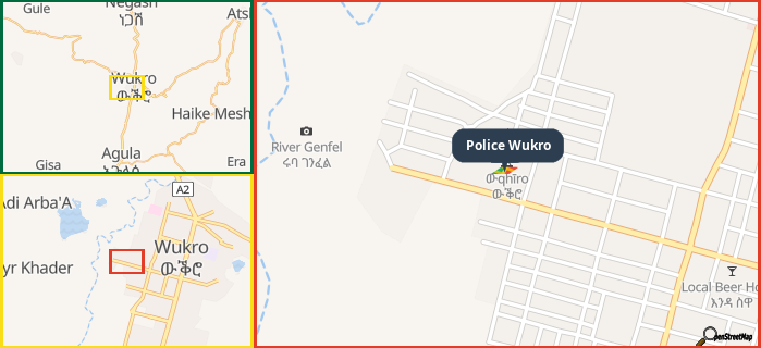 Map showing the address of Police Wukro in three different zoom levels.