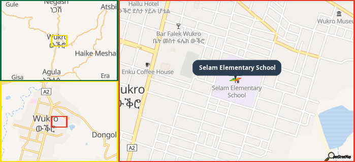 Map showing the address of Selam Elementary School in three different zoom levels.