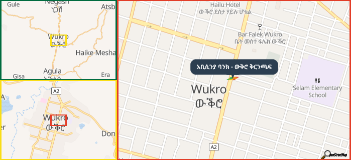 Map showing the address of አቢሲንያ ባንክ - ውቅሮ ቅርንጫፍ in three different zoom levels.