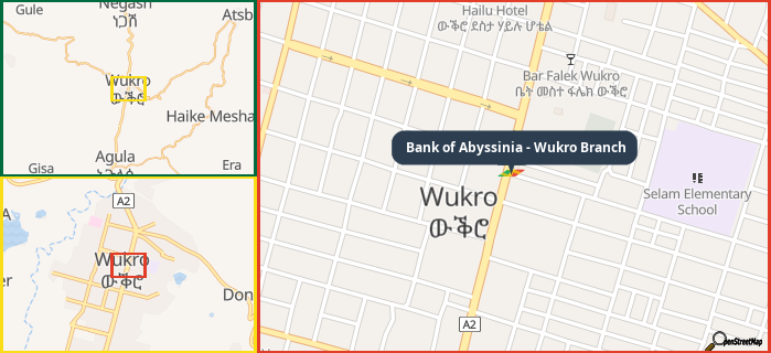 Map showing the address of Bank of Abyssinia - Wukro Branch in three different zoom levels.