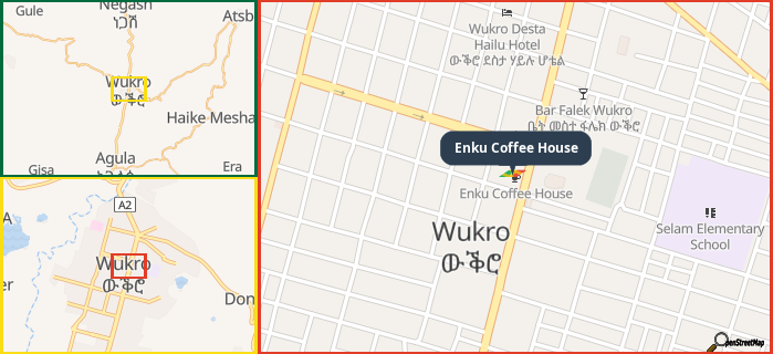 Map showing the address of Enku Coffee House in three different zoom levels.