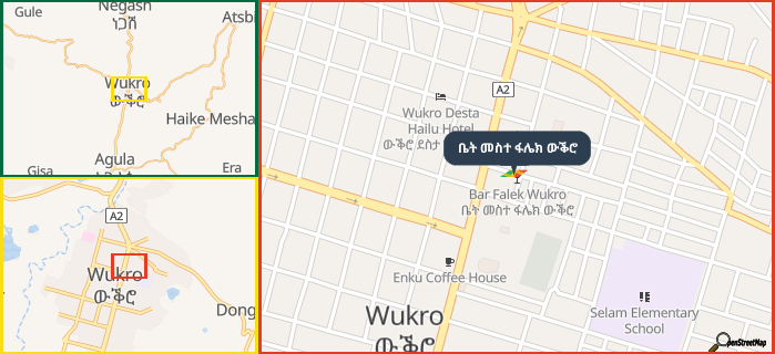 Map showing the address of ቤት መስተ ፋሌክ ውቕሮ in three different zoom levels.