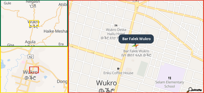 Map showing the address of Bar Falek Wukro in three different zoom levels.