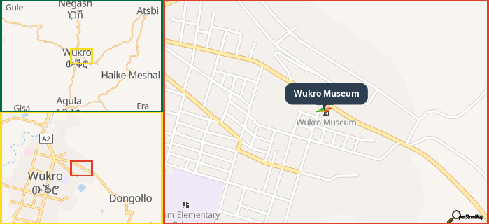 Map showing the address of Wukro Museum in three different zoom levels.