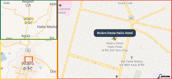 Map showing the address of Wukro Desta Hailu Hotel in three different zoom levels.