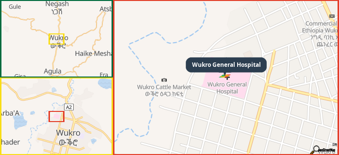 Map showing the address of Wukro General Hospital in three different zoom levels.