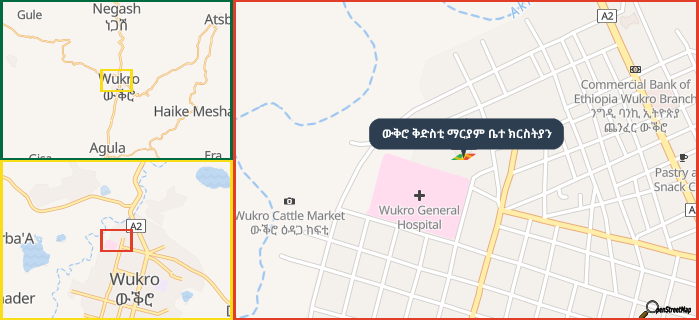 Map showing the address of ውቅሮ ቅድስቲ ማርያም ቤተ ክርስትያን in three different zoom levels.