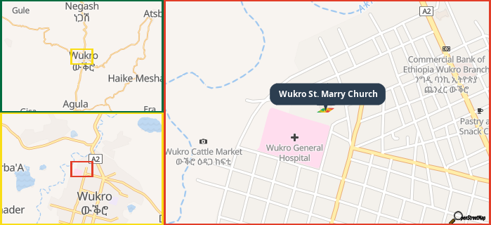 Map showing the address of Wukro St. Marry Church in three different zoom levels.