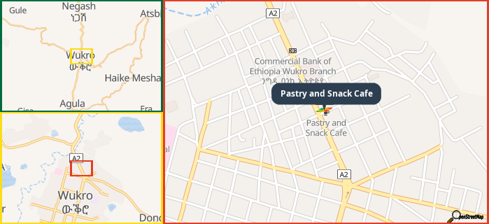 Map showing the address of Pastry and Snack Cafe in three different zoom levels.