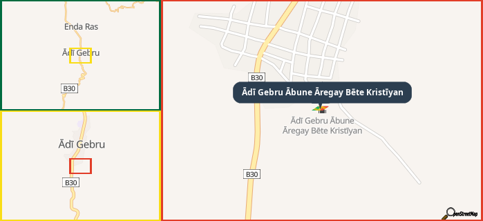 Map showing the address of Ādī Gebru Ābune Āregay Bēte Kristīyan in three different zoom levels.