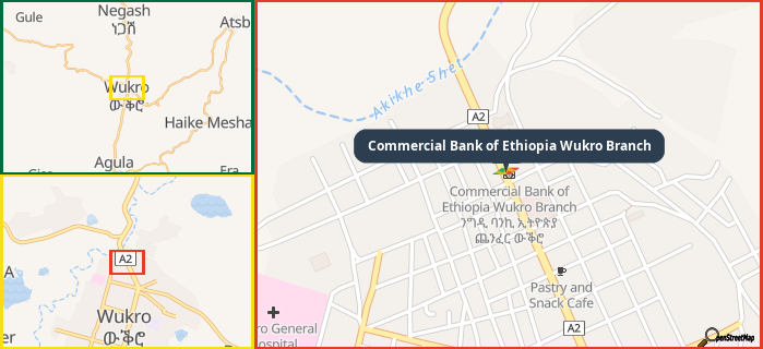 Map showing the address of Commercial Bank of Ethiopia Wukro Branch in three different zoom levels.