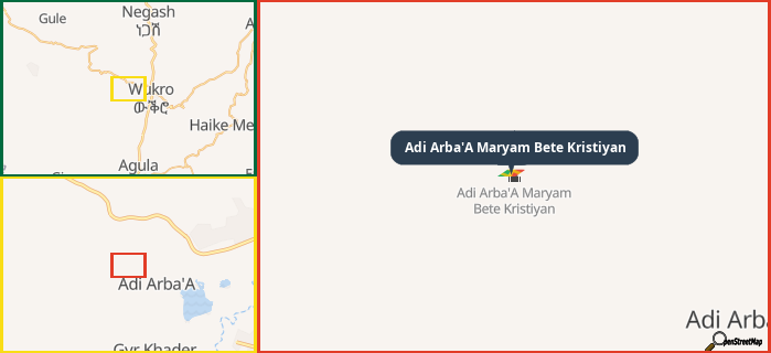 Map showing the address of Adi Arba'A Maryam Bete Kristiyan in three different zoom levels.