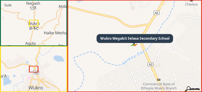 Map showing the address of Wukro Megabit Selasa Secondary School in three different zoom levels.